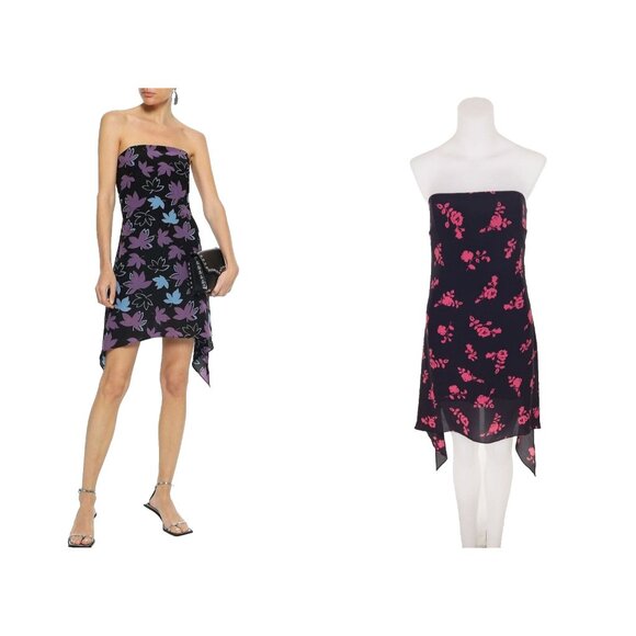 Versus Versace Strapless Floral-print Silk-crepe Mini Dress 46 US 10 Black Pink - Picture 2 of 15